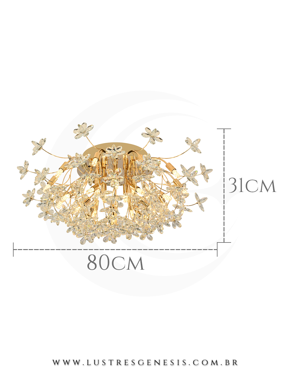 Lustre Plafon Contemporaneo DCX06249 Metal Dourado Cristal 80x31cm, Mesa Sala de Jantar, Quarto Casal, Cozinha, Sala de Estar